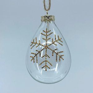 Teardrop glass Christmas ornament. Handmade gold rhinestone snowflake design.